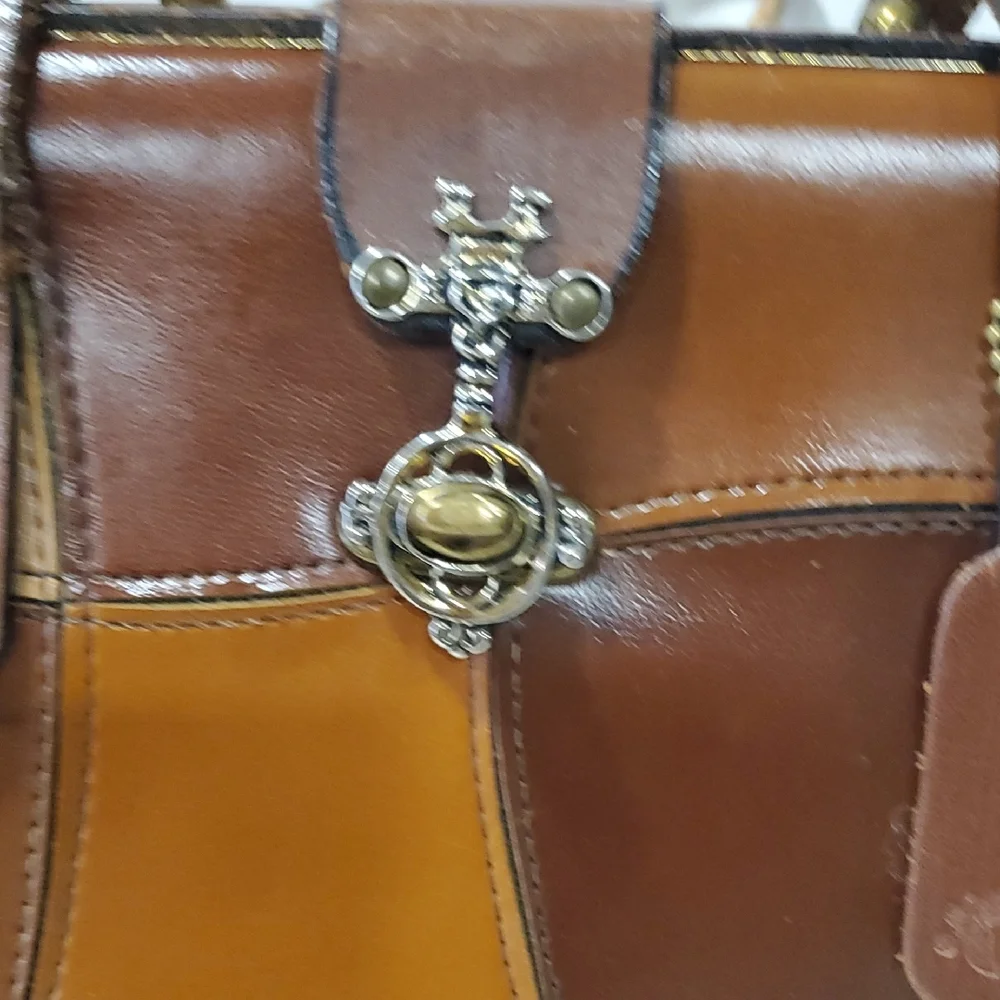 Vtg Burlington Elegant Leather Patchwork  Satchel Bag - Picture 15 of 17